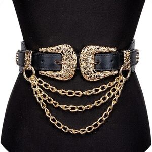 Leather Double buckle belt western boho black gold